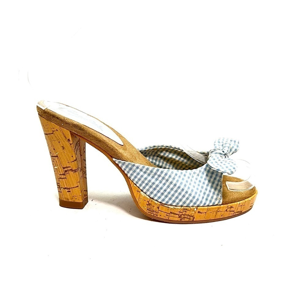 Vintage 1990s pastel blue gingham bow fabric platform Polly style heels